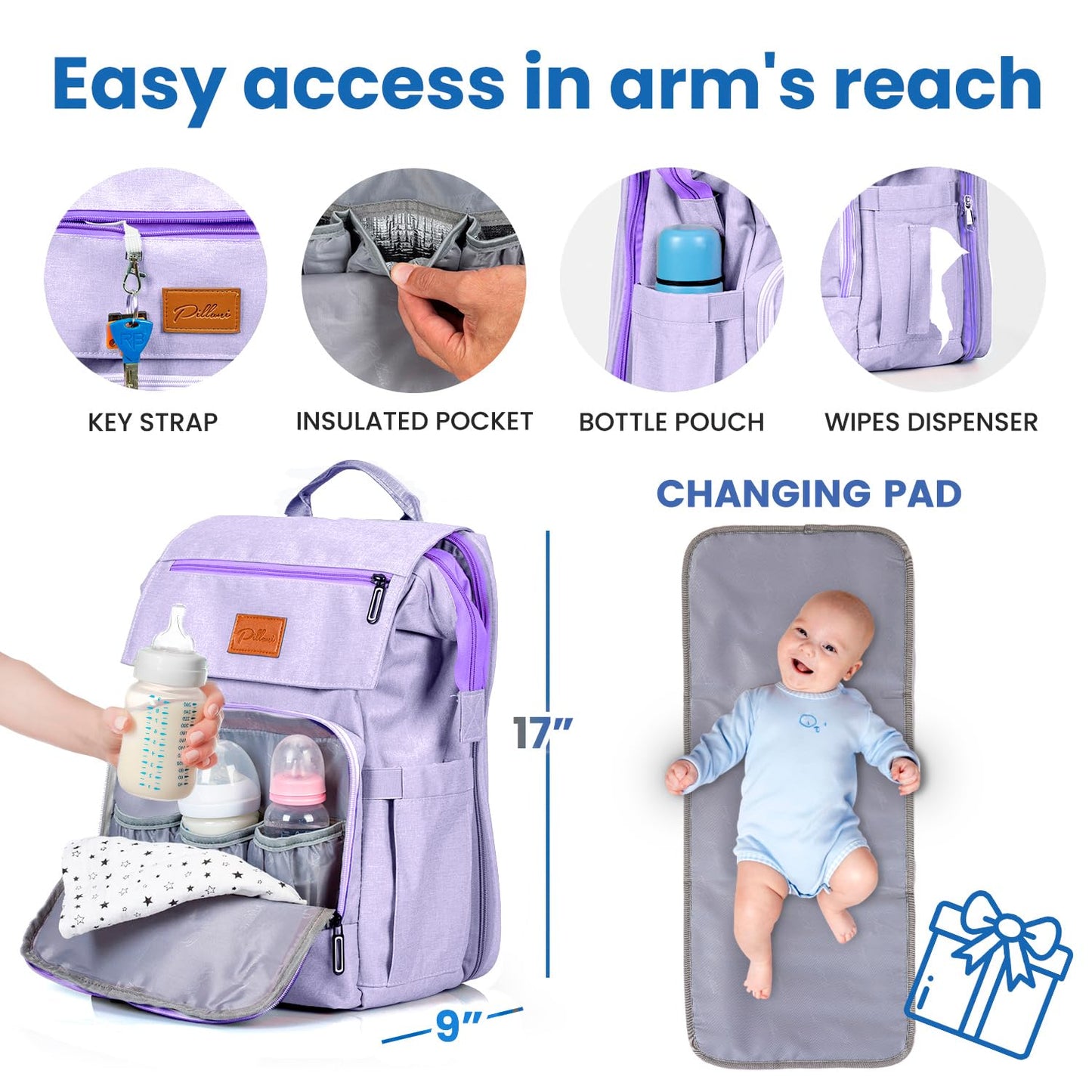 PILLANI Baby Diaper Bag Backpack - Large Waterproof Travel Diaper Bag for Boys & Girls, 16 Organizer Pockets with Changing Pad, Insulated Bottle Pockets & Stroller Straps, Baby Shower Gifts, Dinosaur