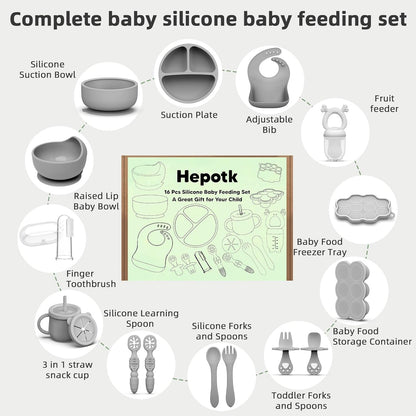16 Pack Silicone Baby Feeding Set, BPA-Free Baby LED Weaning Supplies, Include Suction Plates, Baby Bowls, Silicone Fork & Spoon, and More, First Stage Baby Food Eating Utensils - 6+ Months(Blue, 16)