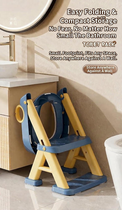 Kids Potty Training Toilet Seat with Step Stool Ladder, Bear Design, Adjustable Height, Non-Slip Steps, Soft PVC Cushion Seat with Handles (A-Pink)