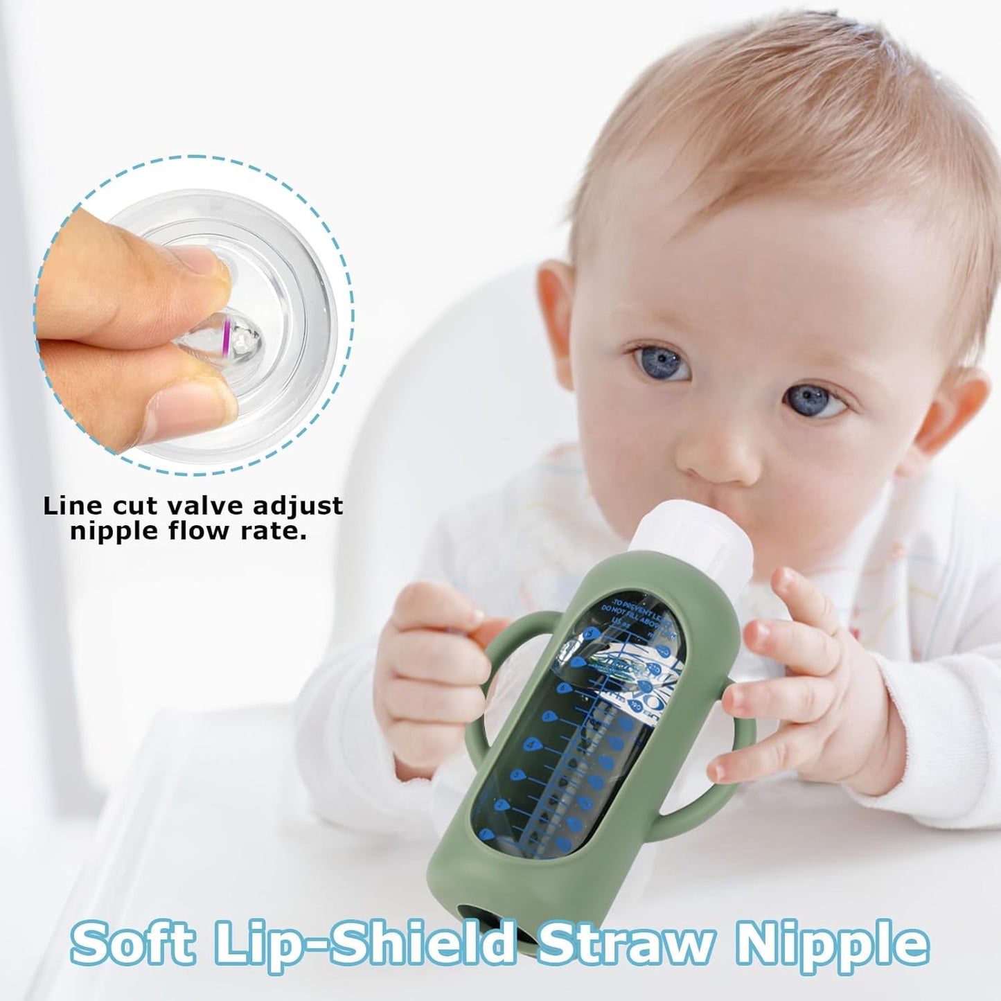 Sippy Straw Cup Conversion Kit with Silicone Sleeves for Dr. Brown's Narrow Glass Baby Bottle 4oz,Anti Breakage Baby Bottles Replacement Kit with Handle and Soft Sippy Spout,6m+,Set of 3