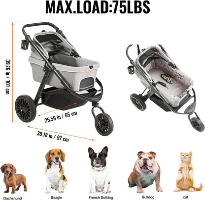 VEVOR Pet Stroller, 44 lbs Weight Capacity, Foldable Dog Cart, 4 Wheels Cats Stroller with Mesh Windows & Revrsible Handle, Portable Pet Carrier with Brake, for Small to Medium Pets