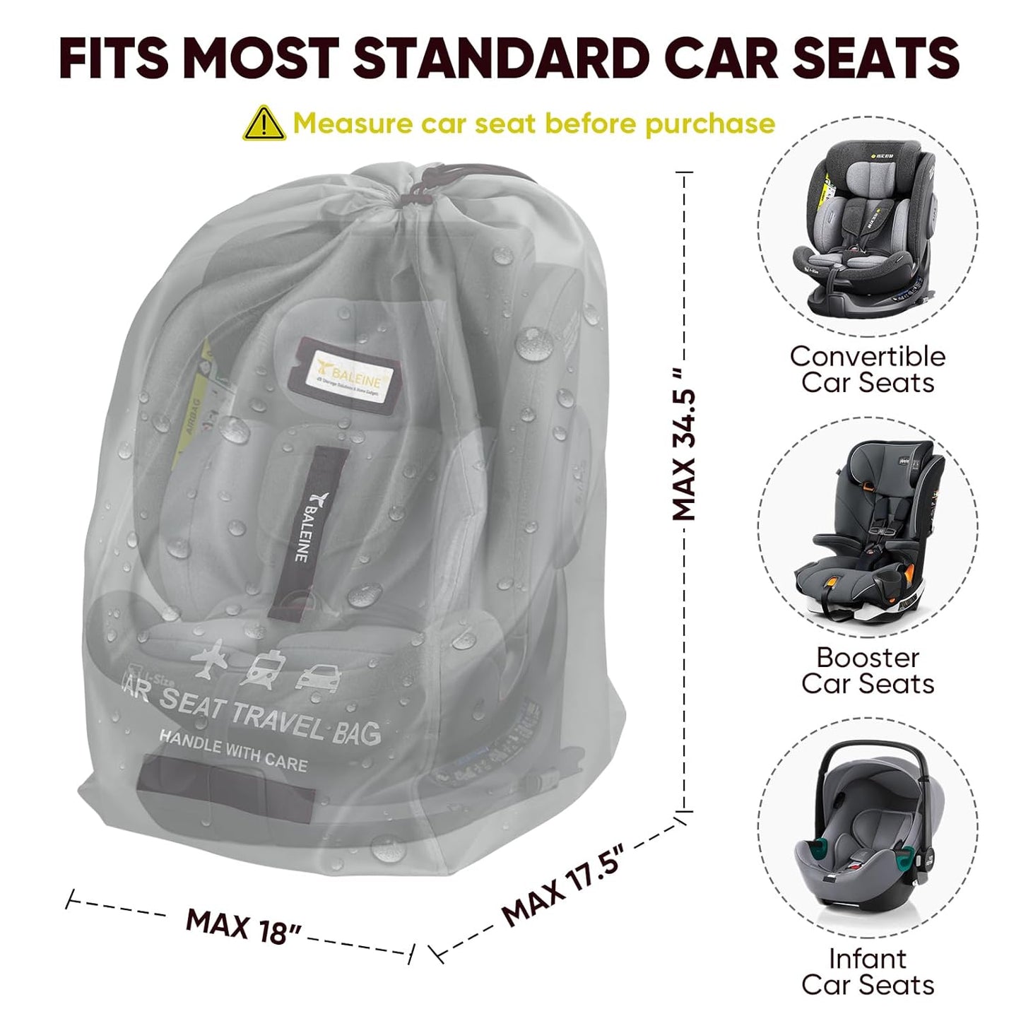 BALEINE Car Seat Travel Bag for Airplane, Water-Resistant Car Seat Bags for Air Travel, Foldable Cover with 3 Handles, Fits Toddler Carseat, Convertible and Booster Seats (Red)