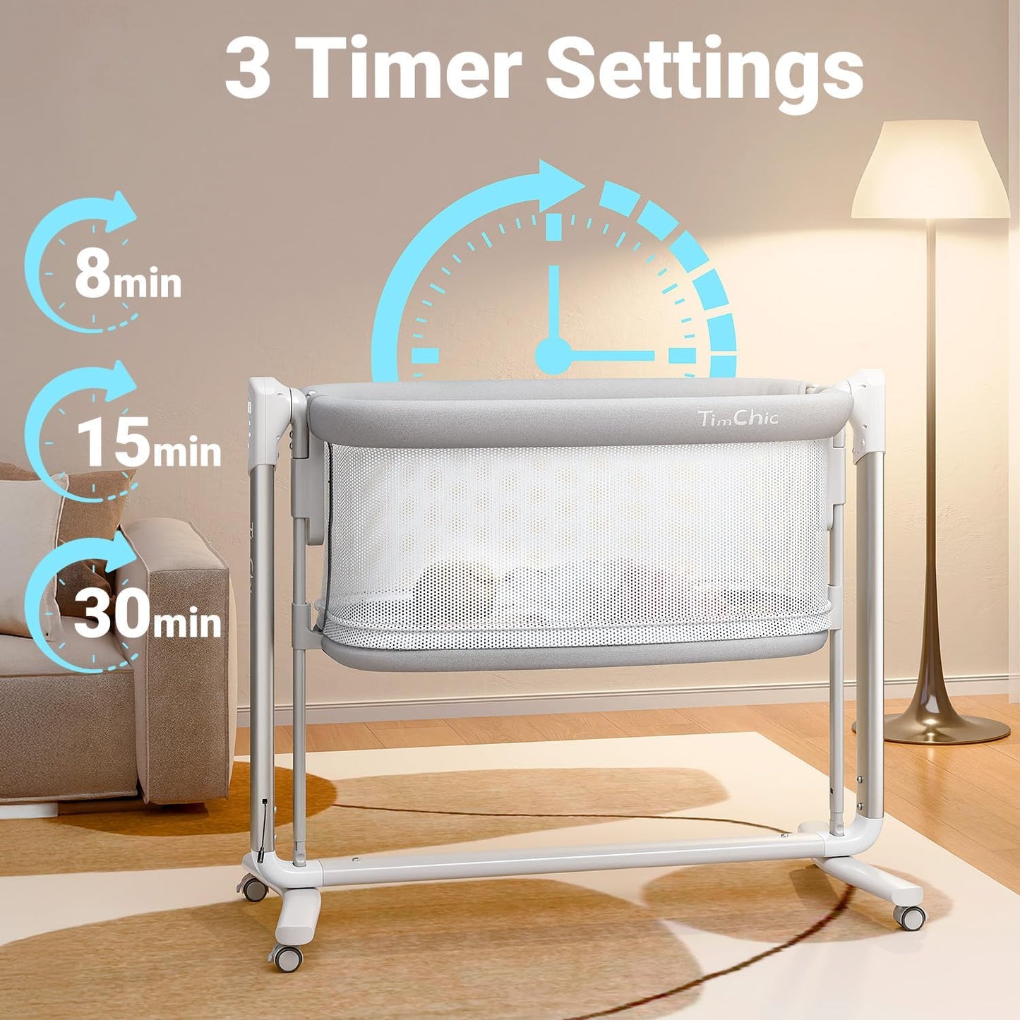 Electric Baby Bassinet, 7 Height Adjustable Rocking Bassinet for Baby, Auto Infant Sleeper with Timer, 12 Lullabies, Wheels, Smart Rocking Crib for Newborns, Beige