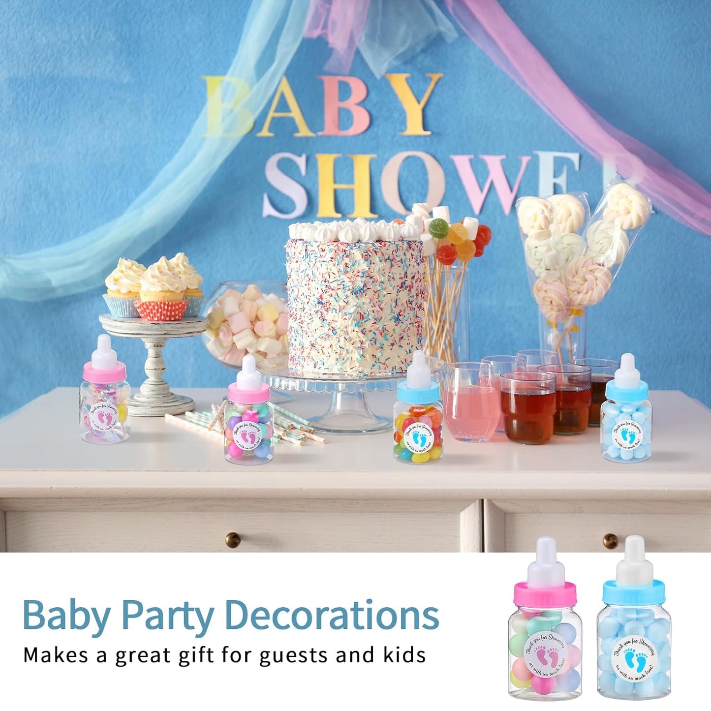 Tondiamo 48 Pcs Blue Baby Shower Mini Bottle Favors 1.5 x 3.5 Inch Baby Shower Candy Jar Mini Milk Bottle Party Favor Fillable Gift Boxes for Boys Girls Birthday Party Games Decorations