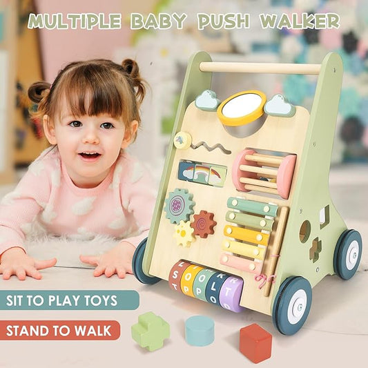 Baby Push Walker, Wooden Baby Walker with Wheels, Montessori Walker for Babies 6-12 Months, Adjustable Speed Push Walking Toys for Boys & Girls 1 Year Old, Christmas Birthday Gifts for Toddler