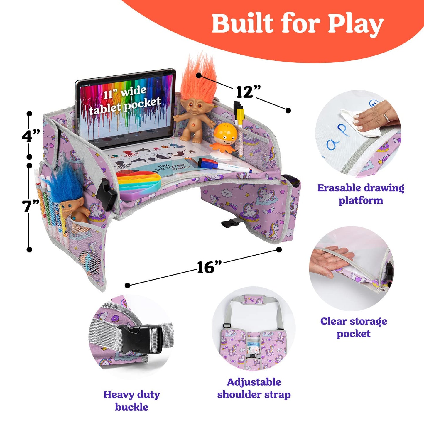 PILLANI Kids Travel Tray for Car Seat - Carseat Tray w/ iPad Holder & Dry Erase Board, Road Trip Activities - Toddler Lap Desk Organizer for Airplane - Roadtrip & Travel Essentials - Pack of 2, Pink