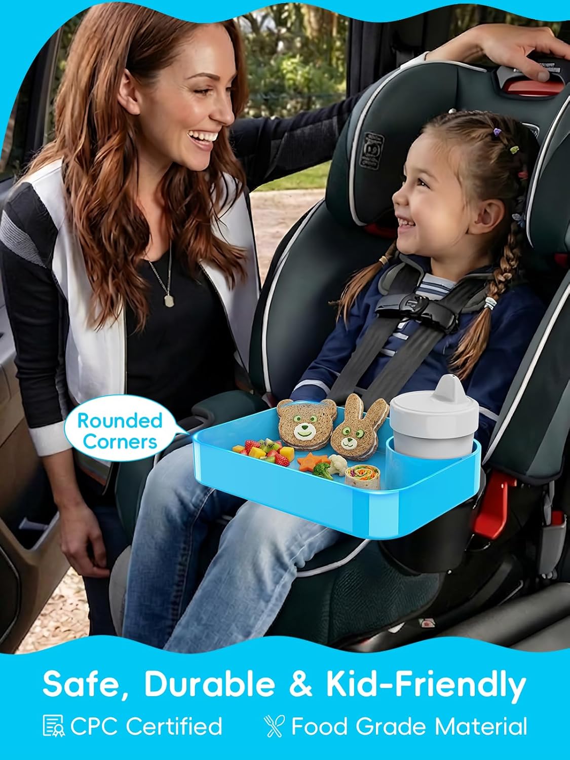 Car Seat Cup Holder Snack Tray for Kids, Reduces Mess, Detachable Large Base & Adjustable Ring, Carseat Tray for Toddler, Car Seat Food Tray Table for Kid Travel Road Trip Essentials -Light Gray