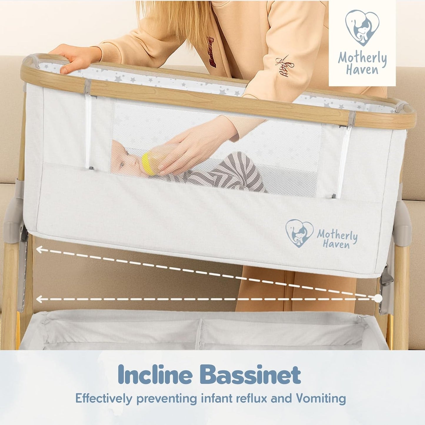 Motherly Haven Baby Bassinet Bedside Sleeper, Portable Crib for Newborns, Adjustable 7-Height Auto-Lock, with Wheels, Soft Mattress & Breathable Mesh (Light Grey)