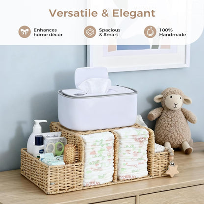 Diaper Caddy Organizer, Hand Rattan Nursery Storage Basket for Baby Essentials, Baby Changing Table Organizer Perfect Nursery Assistant (Natural Light Woven - Style 1, M)