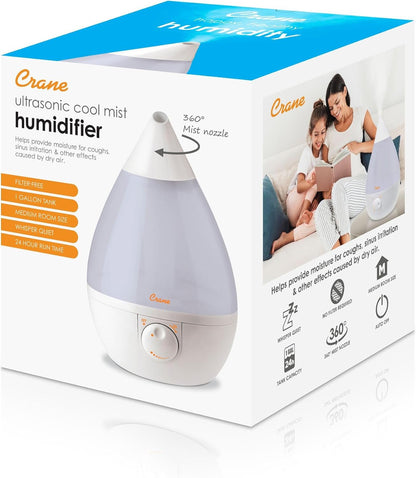Crane Ultrasonic Cool Mist Humidifier for Bedroom, Baby Nursery, Kids Room, Plants, or Office, Large 1 Gallon Tank, Filter Optional, Clear and White