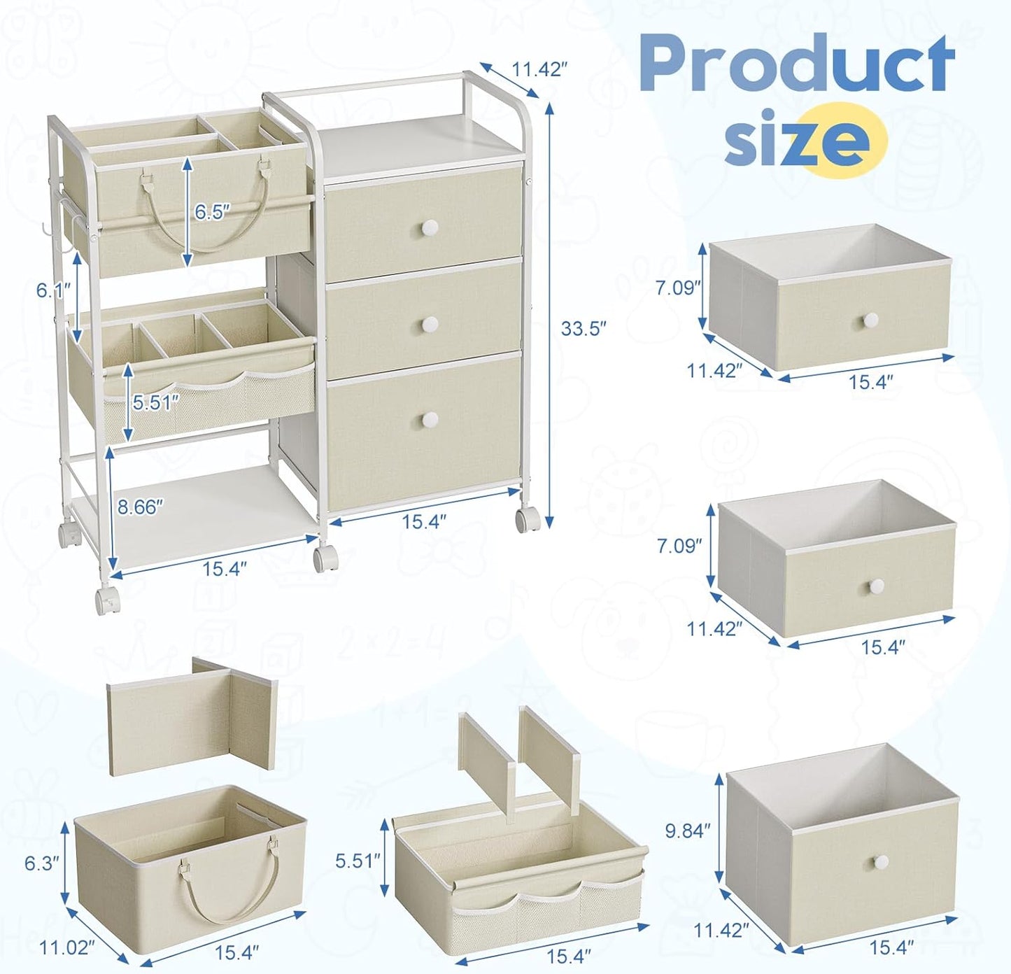Cidaziya 2In1 Baby Diaper Caddy Organizer and Storage, 3 Tier Rolling Cart with Drawer, Mobile Utility Cart Baby Dresser Clothes Organizer for Crib, Art & Craft Storage, White, 17"W x 11.42"D x 33.5"H