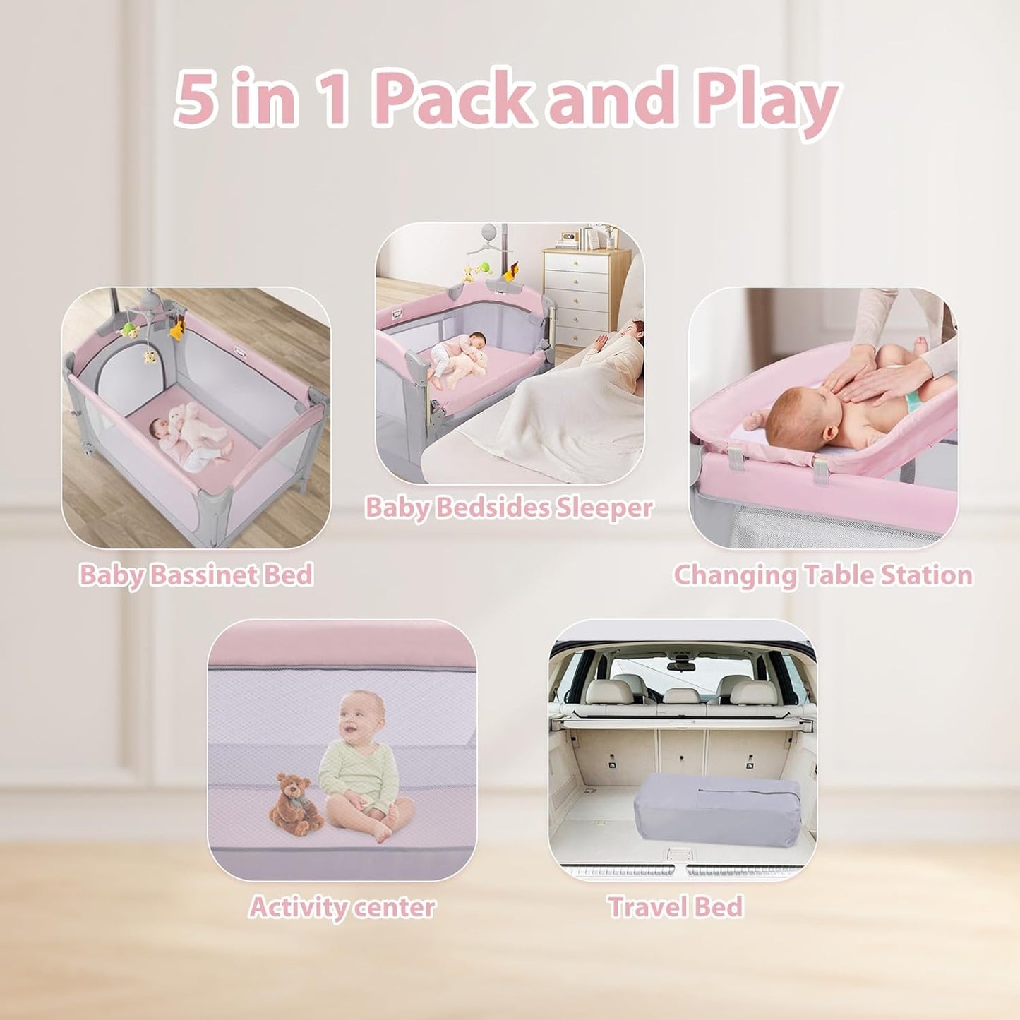 SIMPLGIRL 5-in-1 Baby Bassinet Bedside Crib, Pack and Play Long Next to Parents Bed Crib, Foldable Playard, Playpen Travel Bed Nursery Center for Girl Boy Infant Newborn