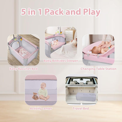 SIMPLGIRL 5-in-1 Baby Bassinet Bedside Crib, Pack and Play Long Next to Parents Bed Crib, Foldable Playard, Playpen Travel Bed Nursery Center for Girl Boy Infant Newborn