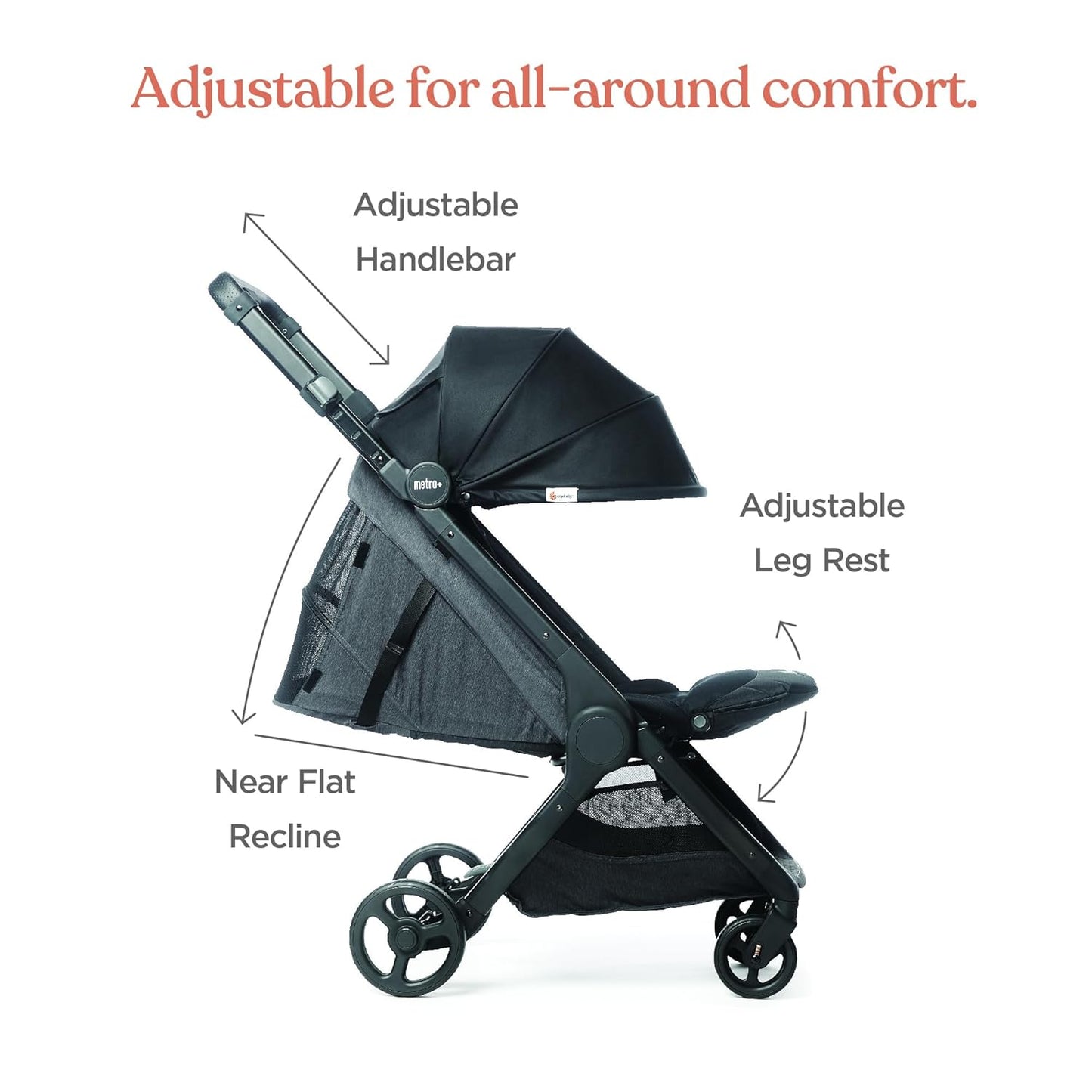 Ergobaby Metro+ Deluxe Compact Baby Stroller, Lightweight Umbrella Stroller Folds Down for Overhead Airplane Storage (Carries up to 50 lbs), Car Seat Compatible, London Grey