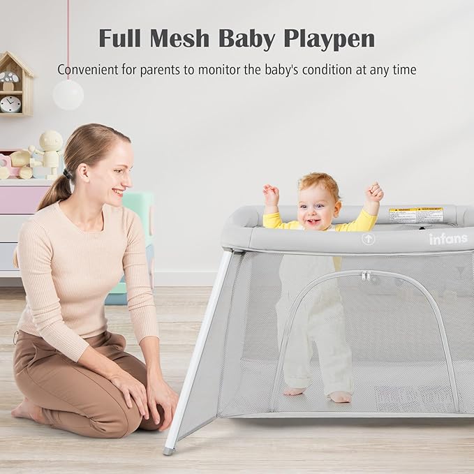 INFANS Travel Crib, Portable Baby Playpen with Removable Bassinet Soft Mattress Carry Bag, Foldable Lightweight Playard Nursery Center for Newborns Toddlers (Light Gray)