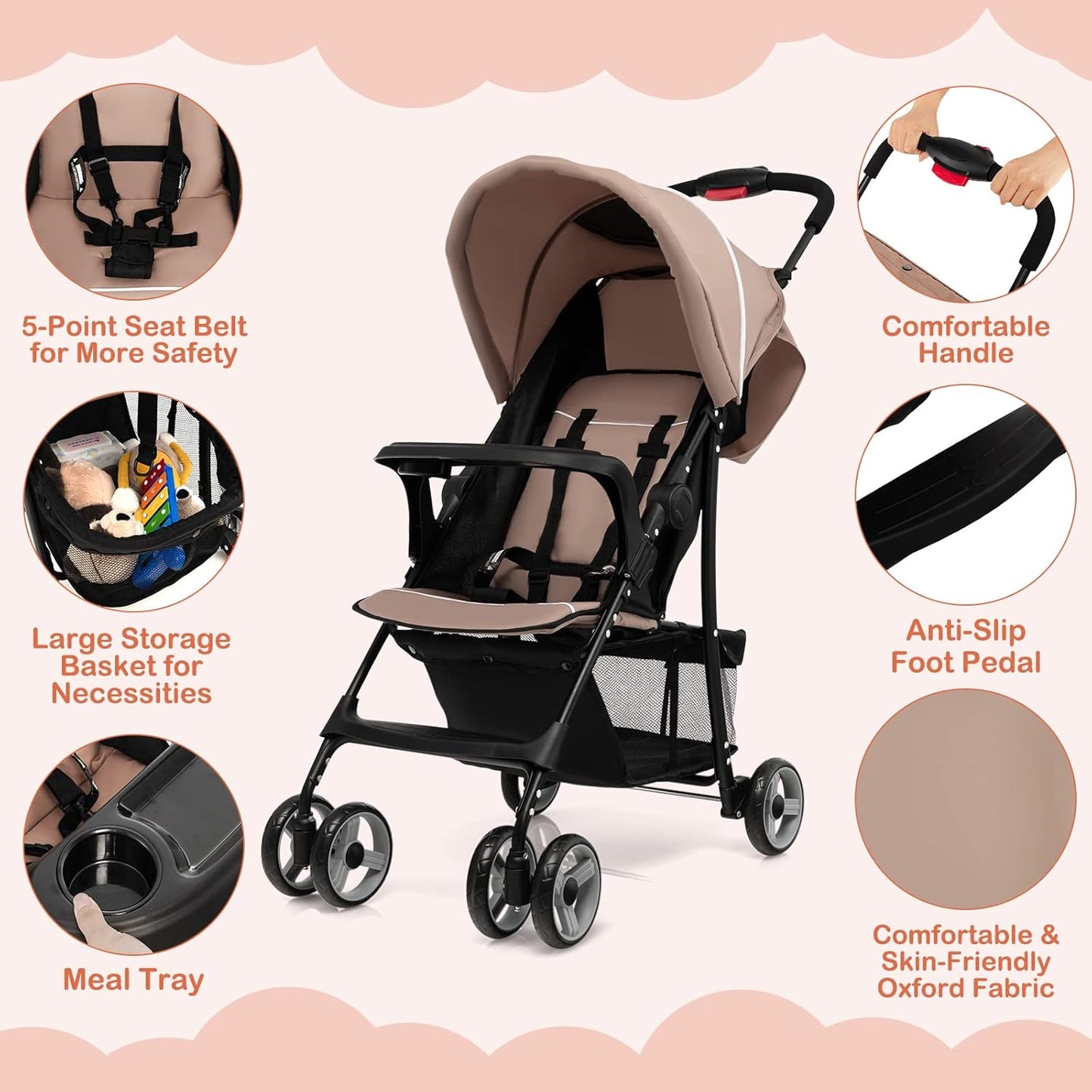 HONEY JOY Lightweight Stroller, Compact Travel Stroller for Airplane, Toddler Fold Pushchair w/Adjustable Canopy & Backrest, Storage Basket, Umbrella Stroller for Infants (Gray)