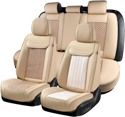 Coverado Leather Seat Covers for Car, Waterproof Car Seat Covers Full Set, 2 in 1 Conversions Car Seat Cover Protector Car Accessories Universal Fit for Most Cars SUVs and Trucks Beige