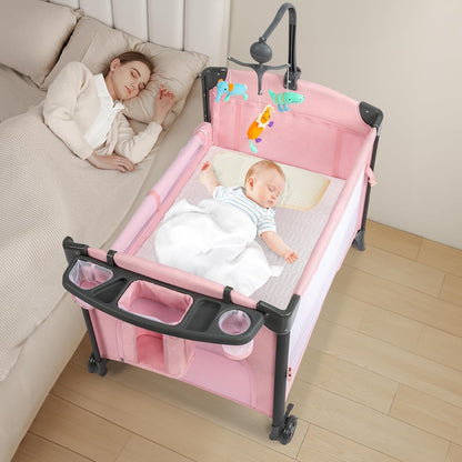 JOYMOR Twin Bassinet for Baby, Beige Bedside Bassinet, Convertible to Bedside Sleeper and Playpen, with Wheel, Brake, Foldable Side Sleeper,Beige