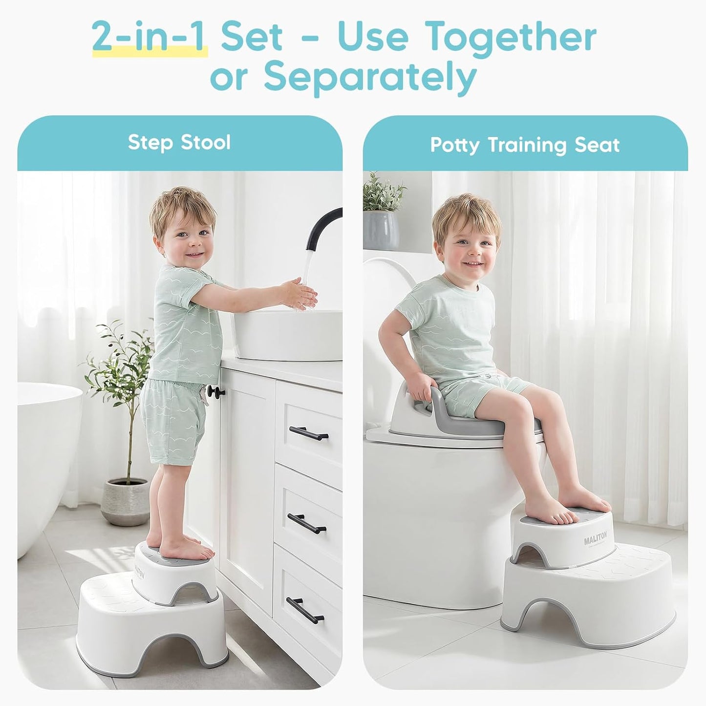 Maliton Baby Potty Training Seat with Step Stool, Potty Training Toilet for Boys Girls, Anti-Slip Toddler Stool for Bathroom, Kitchen, Toddler Toilet Seat Set(One Potty Seat+Two Step Stool for Kids)