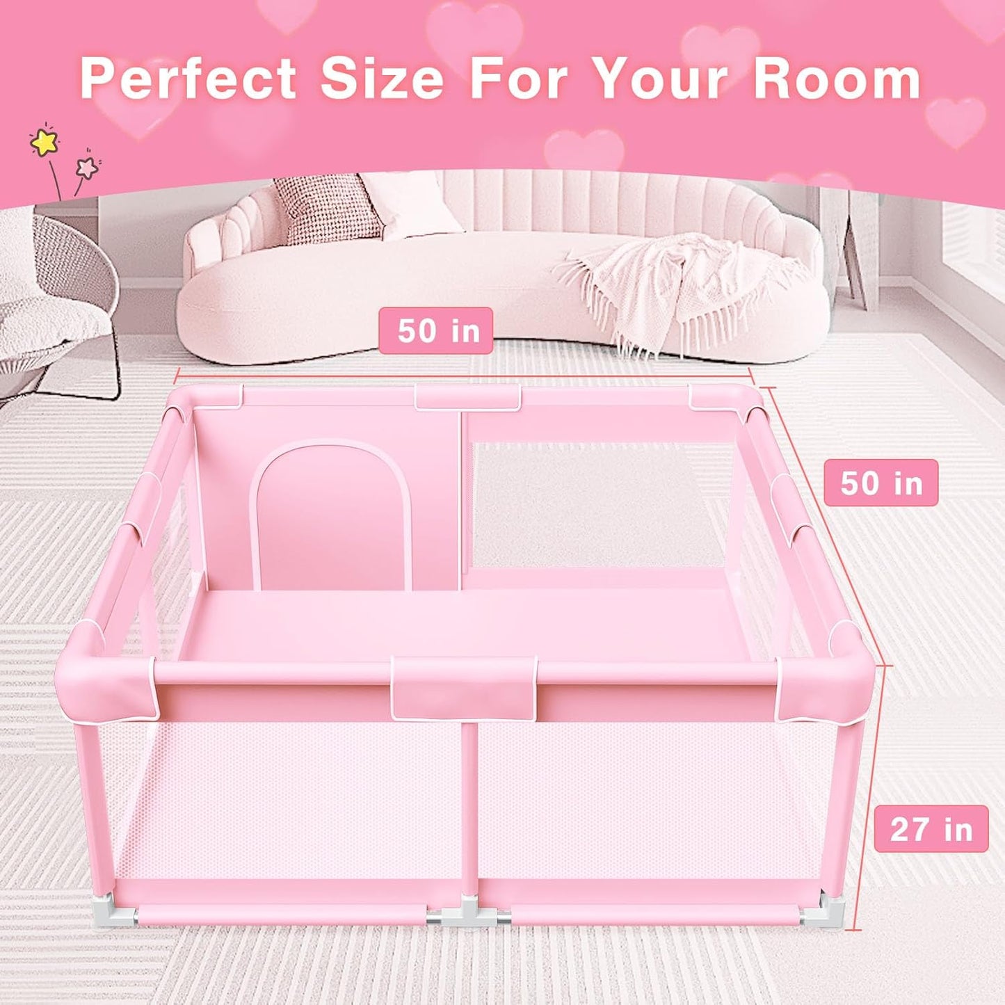Pink Baby Playpen 50x50 Inches Playpen for Little Princess Play Yards Indoor & Outdoor Sturdy Safety Baby Girls Play Pen with Soft Breathable Mesh Toddlers Activity Center with Anti-Slip Base
