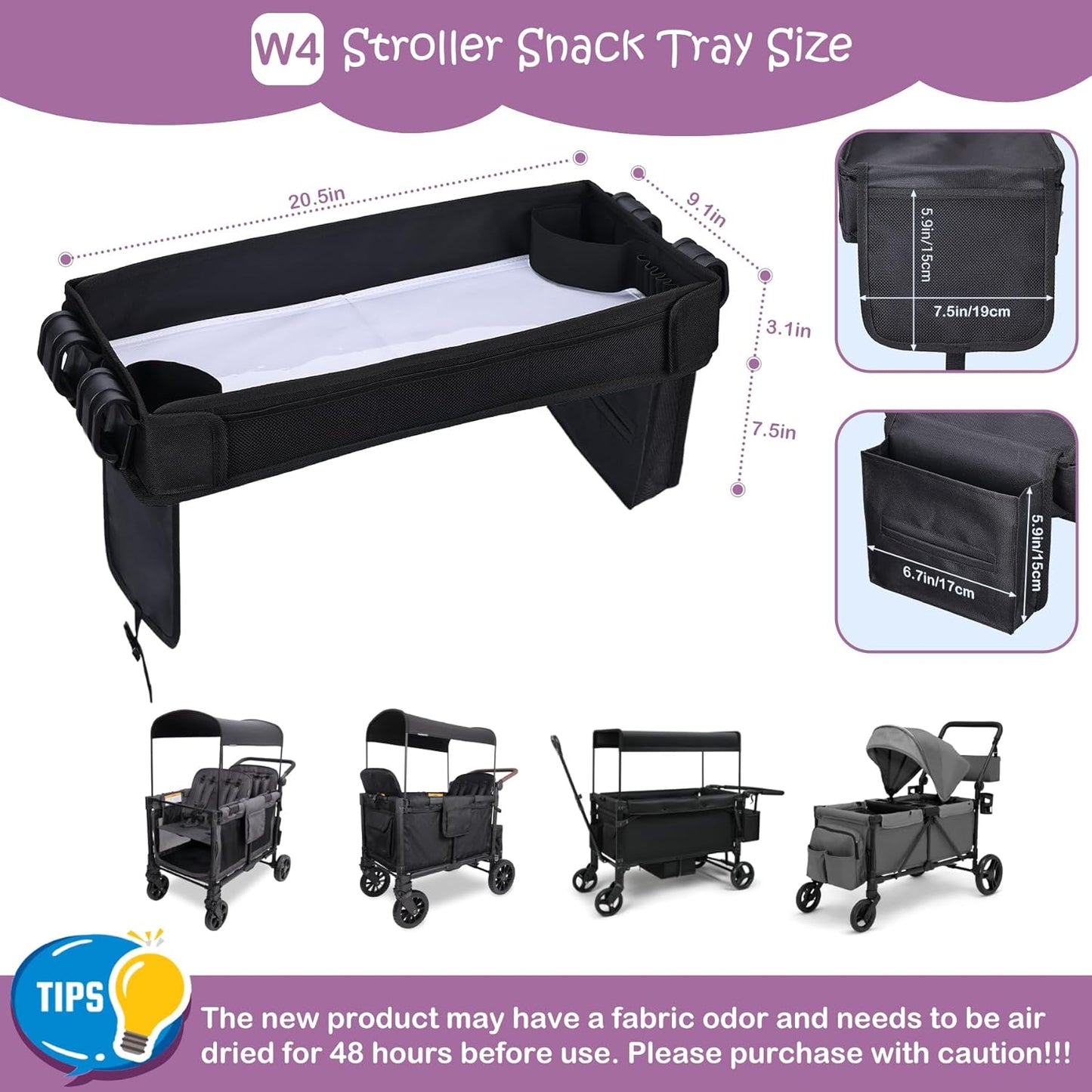 Babenest Stroller Snack Tray for Wonderfold Wagon W2, Foldable Thickened Snack Tray with Cup Holder, Storage Mesh Bag & Pen Slot, Easy to Clean Snack Board for Drawing