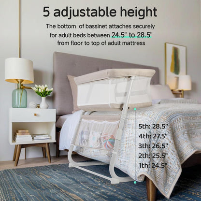 Cowiewie Bassinet Bedside Sleeper,Baby Bassinet Slides Over Bed,5-Position Height Adjustment & Breathable All-Mesh Wall Bedside Bassinet for Baby,Space-Saving Bedside Crib, Height(37.4-41.3") (Beige)