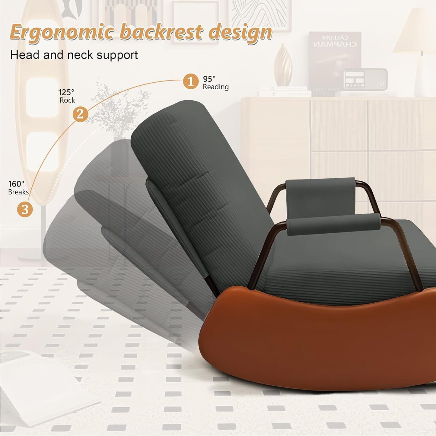 JPBSTO Rocking Chair Nursery, Upholstered Glider Rocking Chair with Side Pocket and Adjustable High Backrest, Comfortable Rocker Recliner with Footrest Perfect for Living Room Bedroom, Beige