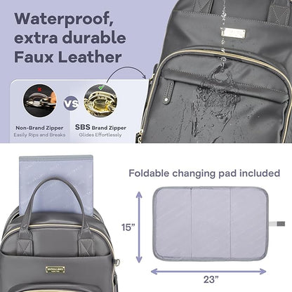 RUVALINO Diaper Bag Backpack, Multifunction Travel Baby Diaper Bag with Changing Pad, Insulated Bottle Holders & Pacifier Case, Large Capacity,Waterproof, Iron Gray