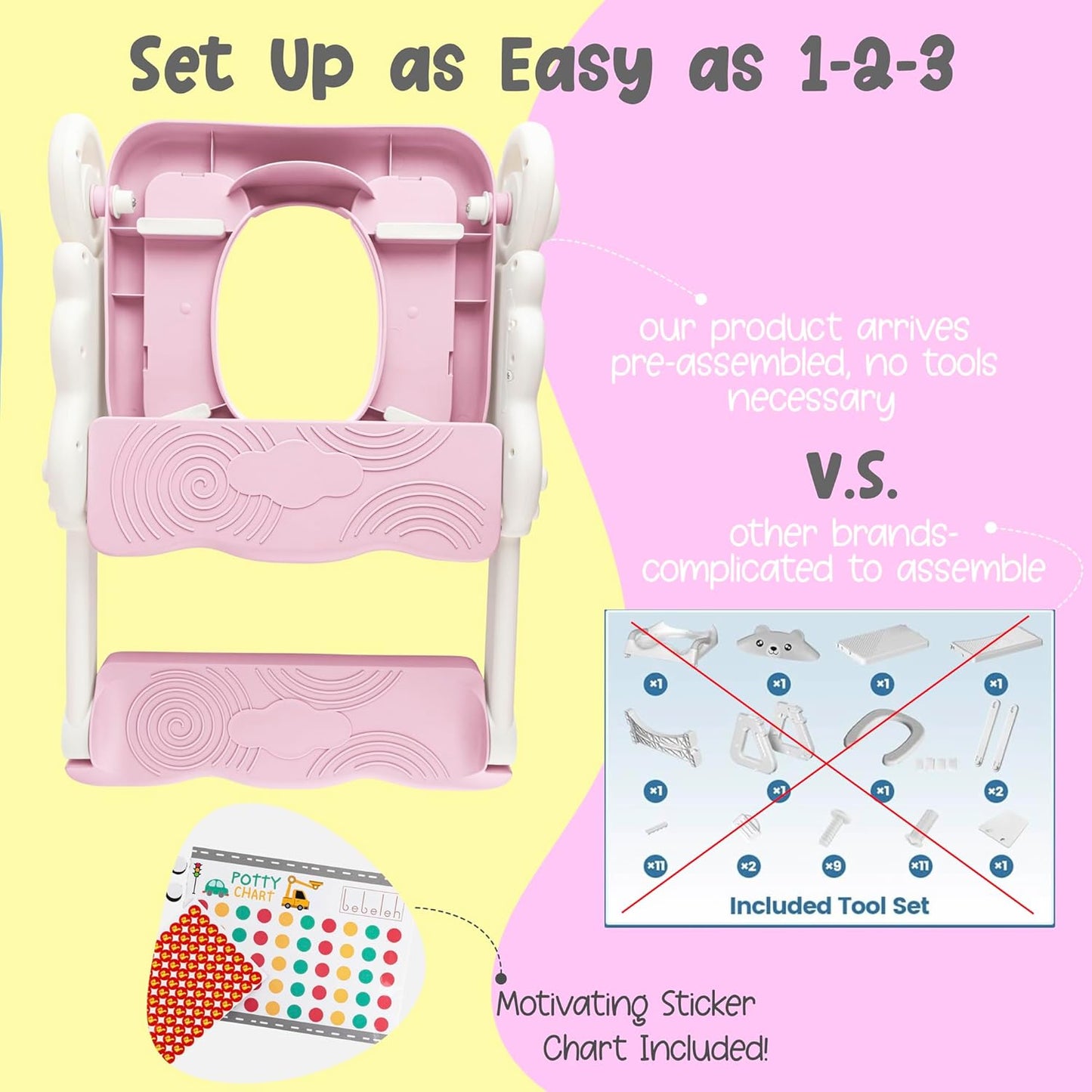 bebeleh Musical & Sound Toddler Potty Training Seat w/Step Stool Ladder - Collapsible & Adjustable Toilet, Pre Assembled Toddler Toilet Seat w/Music & Sounds - Splash Guard & Anti-Slip Steps - Gray