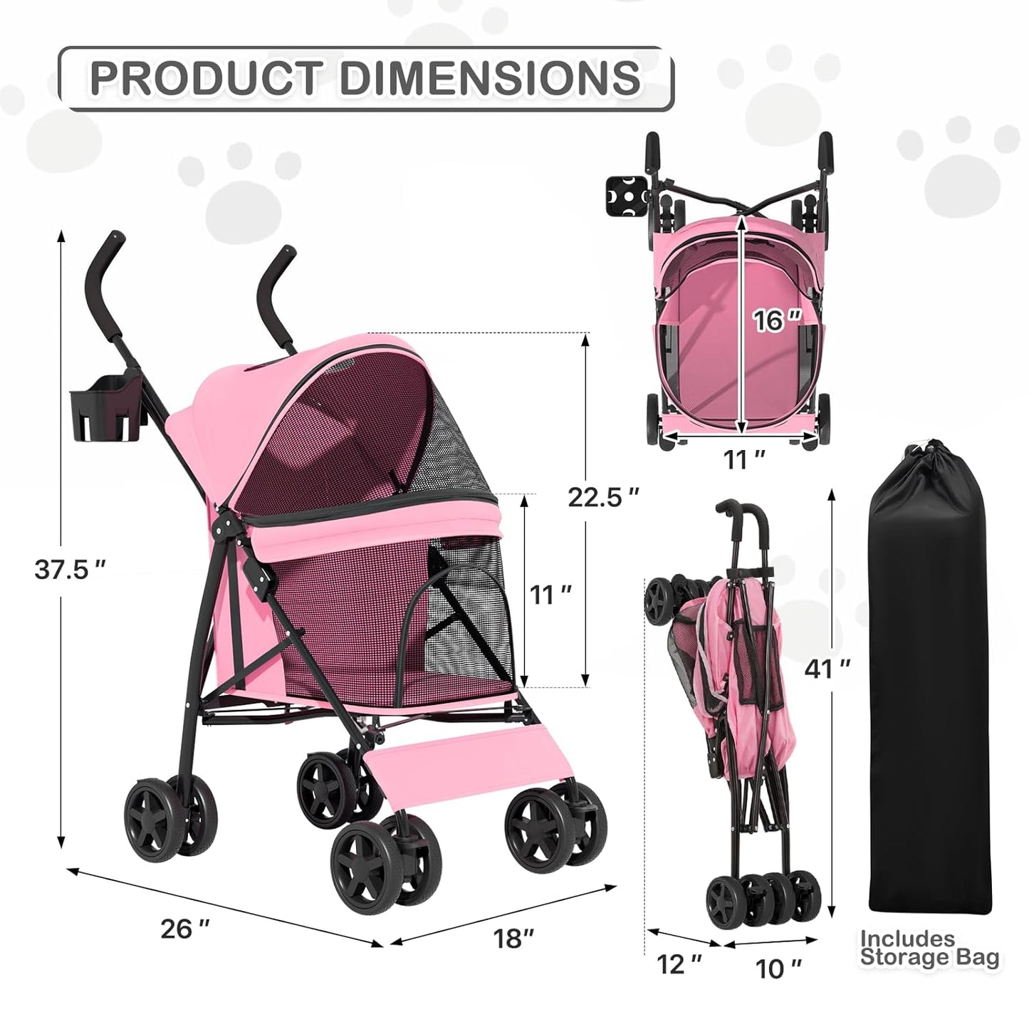 MoNiBloom 4 Wheels Pet Stroller, Easy-Fold Puppy Cage Jogger Stroller with Sun Cover, Pad and Rear Storage Bag, Breathable and Visible Mesh for Small/Medium Pets up to 22 lbs, Black