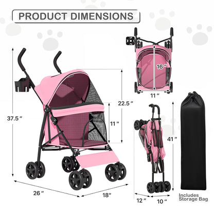 MoNiBloom 4 Wheels Pet Stroller, Easy-Fold Puppy Cage Jogger Stroller with Sun Cover, Pad and Rear Storage Bag, Breathable and Visible Mesh for Small/Medium Pets up to 22 lbs, Black