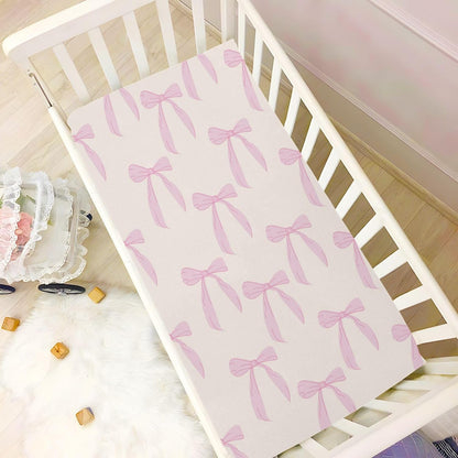 Fitted Crib Sheets Pink Checkered and Bows Stretchy Portable Playard Sheets for Baby Toddler, Breathable Soft Mini Crib Mattress 39 x 27 in for Boys and Girls