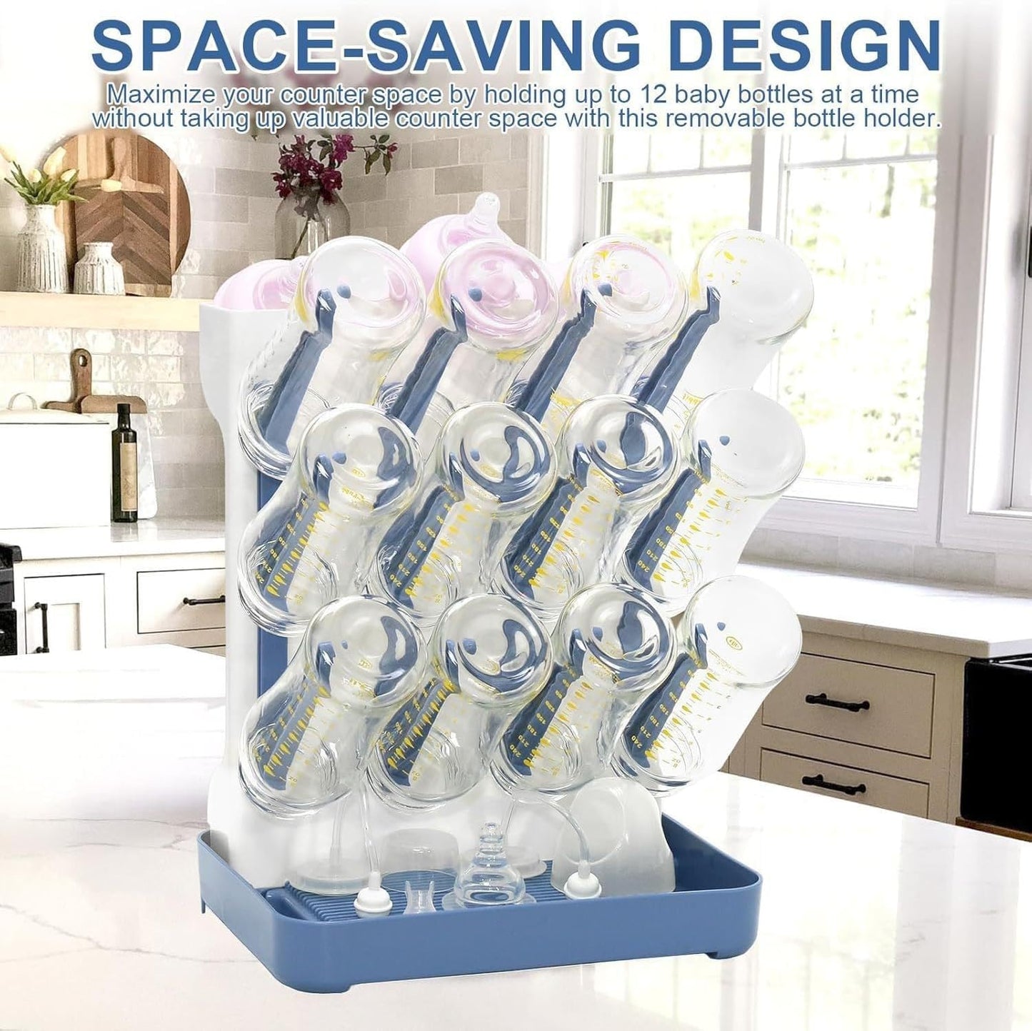 Baby Bottle Drying Rack, Countertop Bottle Dryer, Cup Drying Rack, for 12Pc Bottles and Accessories,Pump Parts,Pacifiers,for Small Water Cup,Vitality Blue, Free Small Brush for Cleaning