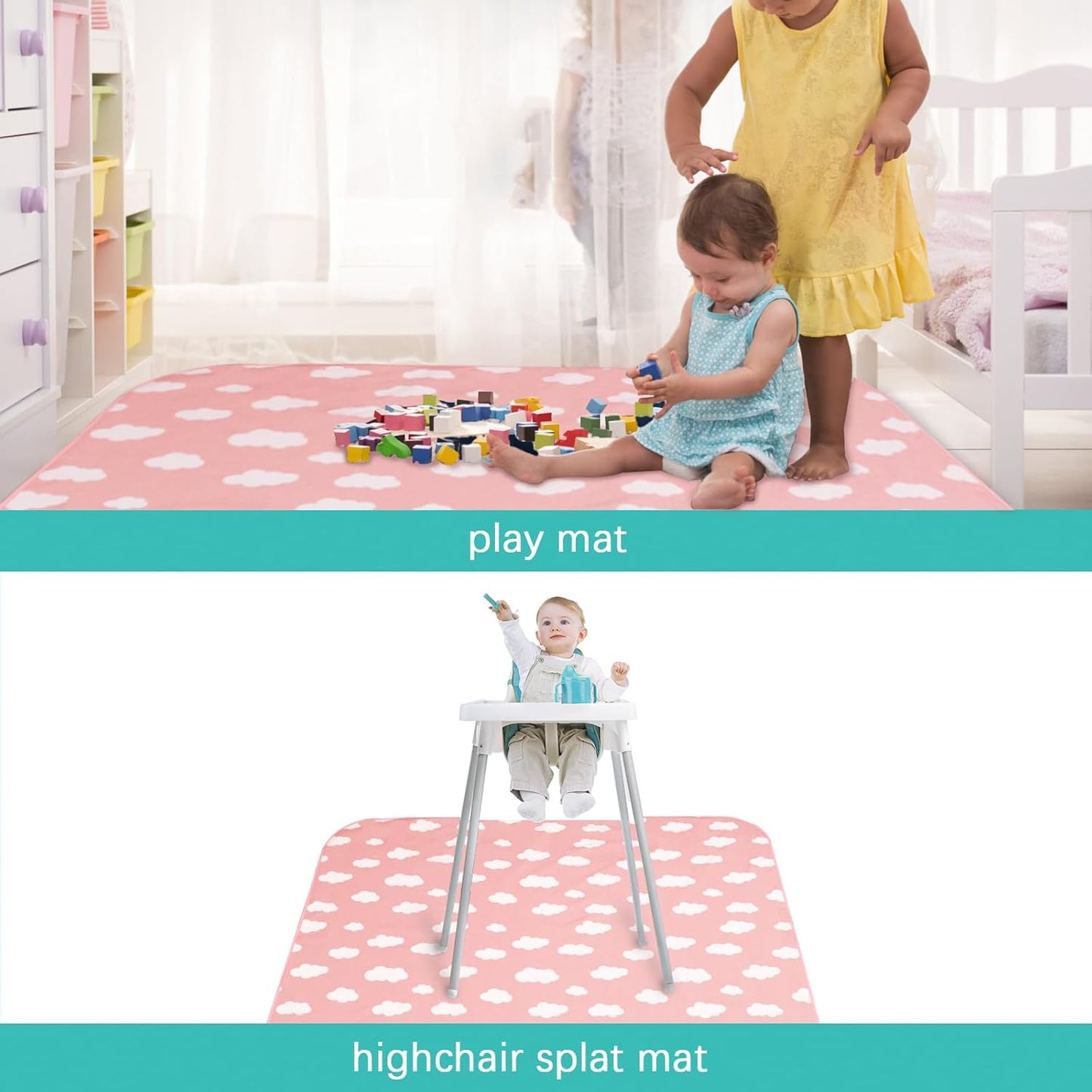 Splat Mat 2 Pack for Under High Chair & Arts & Crafts & Eating Mess, Waterproof 42''×46'' Baby Playtime Anti-Slip High Chair Mat for Floor or Table, Reusable & Portable Splash Mat