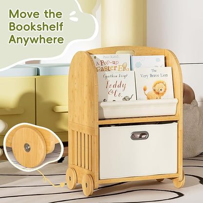 2-Sided, 3-Tier Bamboo Kids Bookshelf, Montessori Shelf with Safe Wheels and Large Storage Drawer, Toddler Bookcase Nursery Book Shelves and Toy Storage for Baby Rooms Playroom Kindergarten