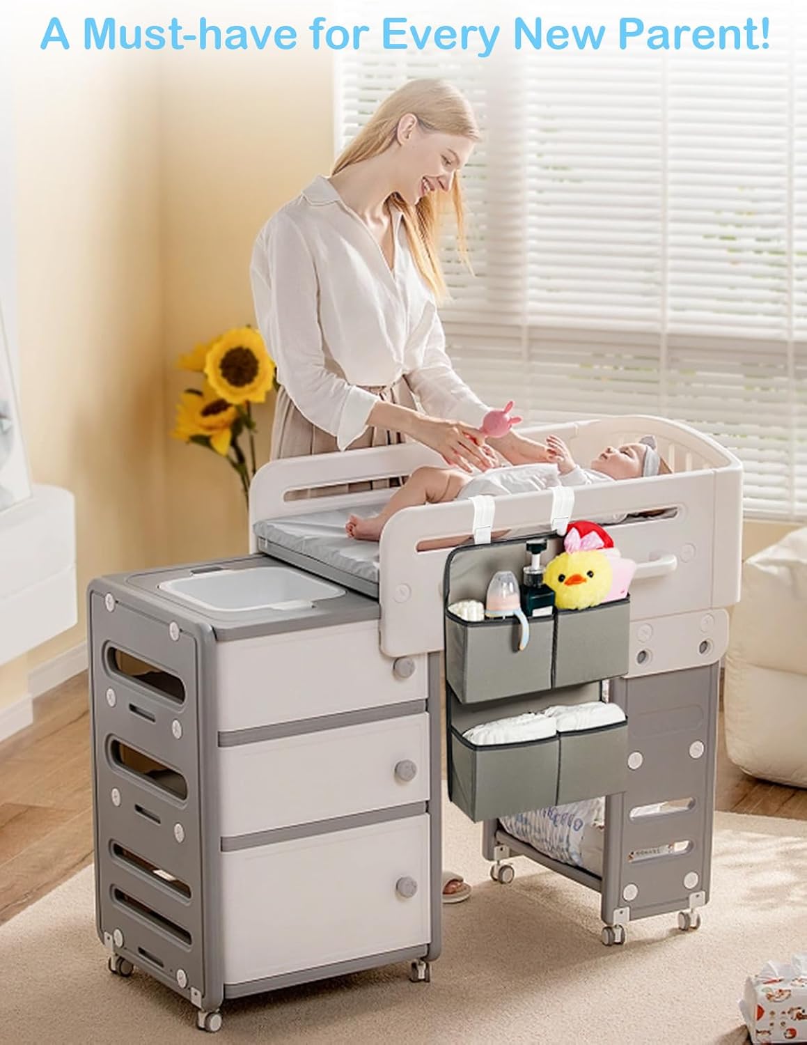 Hanging Diaper Organizer for Crib/Playpen/Bassinet – Hold 80+ Diapers - 4 Deep Pockets-H19in x L15 in Changing Table Diaper Holder - Hanging Diaper Storage Stacker Nursery Caddy - Gray