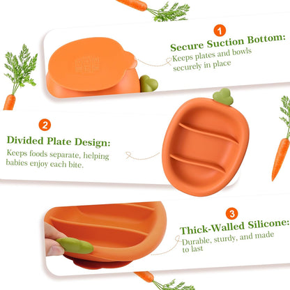 Carrot Shape Silicone Baby Feeding 6 Pack Set, 1 Suction Bowl & Plate, Bib, Spoon, Fork, Cup (Bowl with Spoon and Fork)