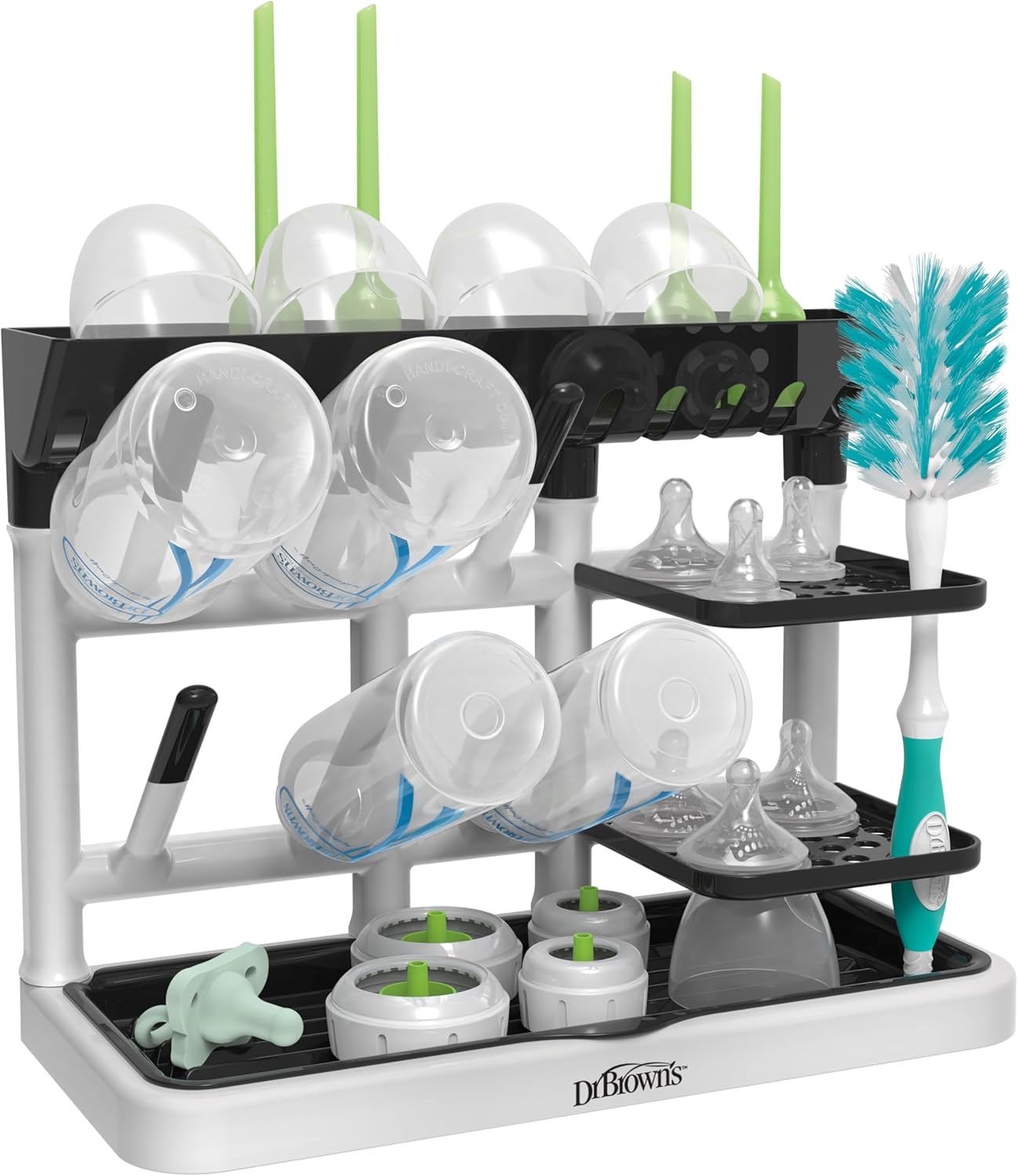 Dr. Brown's Baby Bottle Drying Tower, Stand-Up Countertop Drying Rack with Organized Storage for Baby Essentials, Space Saving Vertical Rack, Gray/White