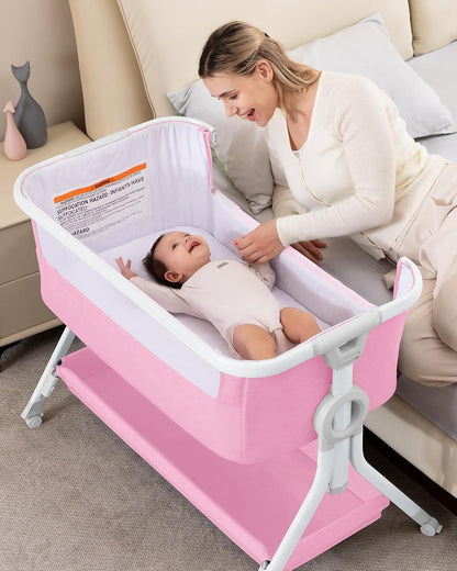 Larex Baby Bassinet Bedside Sleeper Crib Co Sleeper for Newborn Infant Toddler with Mosquito Net, Storage Bag & Basket, 5-Height Adjustable, Movable Wheels, Breathable Mattress & Mesh (Dark Gray)