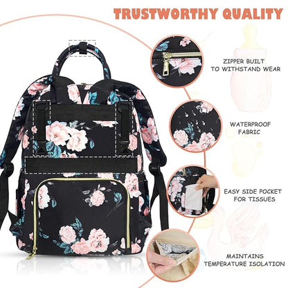 Tenot Baby Diaper Bag Backpack, Travel Diaper Bags for Girl Boy Large Capacity Baby Bag Backpack for Women Black Floral