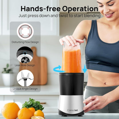 Consciot CB08 11-Piece Blender for Kitchen and Personal Size, Blend Shakes and Smoothies, Frozen Drinks, Baby Food, Spreads & More, 3 Portable To-Go Cups & 2 Spout Lids & 1 Solid Lid, 900 Peak Watts