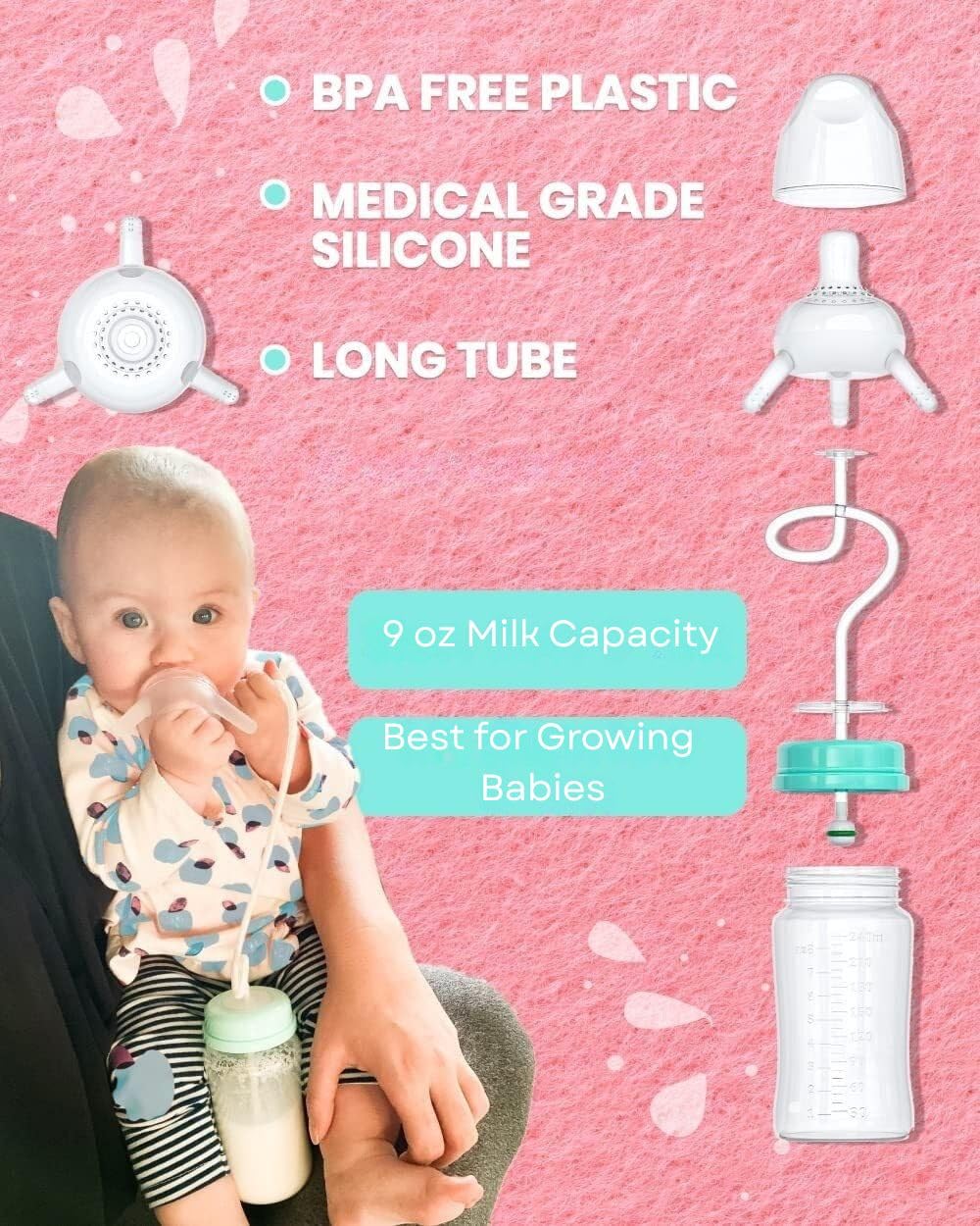 TidyFriend 2 Pk Baby Bottle Anti Colic with Straw 8oz – Built In Nipple Valve & Base Vent Hole for Gas Reduction, Upright Position Hand Free Bottle for 6m-2y Kids [Use Under Caregiver Assisted] (Pink)