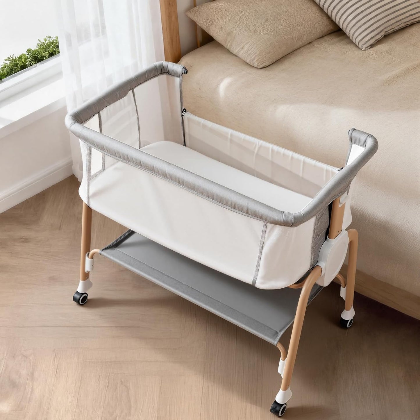 Bassinet Bedside Sleeper, Bedside Bassinet for Newborn, Baby Bassinet with 5 Adjustable Height, Rocking Bassinet with Wheels, Breathable Mesh & Mattress, Easy Folding Portable Bedside Crib（Dark Gray)