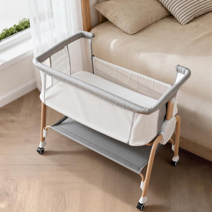 Bassinet Bedside Sleeper, Bedside Bassinet for Newborn, Baby Bassinet with 5 Adjustable Height, Rocking Bassinet with Wheels, Breathable Mesh & Mattress, Easy Folding Portable Bedside Crib（Dark Gray)