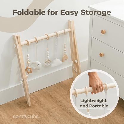 Comfy Cubs Wooden Baby Play Gym - Natural Finish Pinewood Baby Activity Gym with 5 Sensory Hanging Toys - Easy No-Tool Assembly, Safe and Durable for Infant Motor and Visual Development - Natural Wood