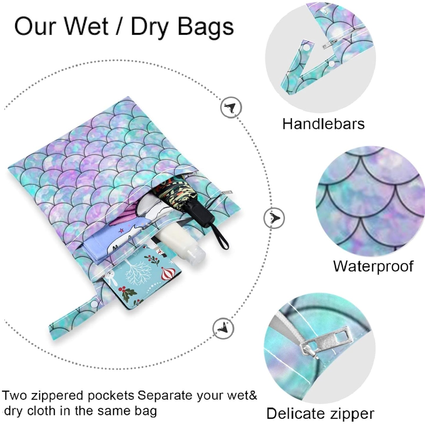 visesunny Yellow Dinosaurs Volcano and Palm Tree 2Pcs Wet Bag with Zippered Pockets Washable Reusable Roomy for Travel,Beach,Pool,Daycare,Stroller,Diapers,Dirty Gym Clothes, Wet Swimsuits, Toiletries