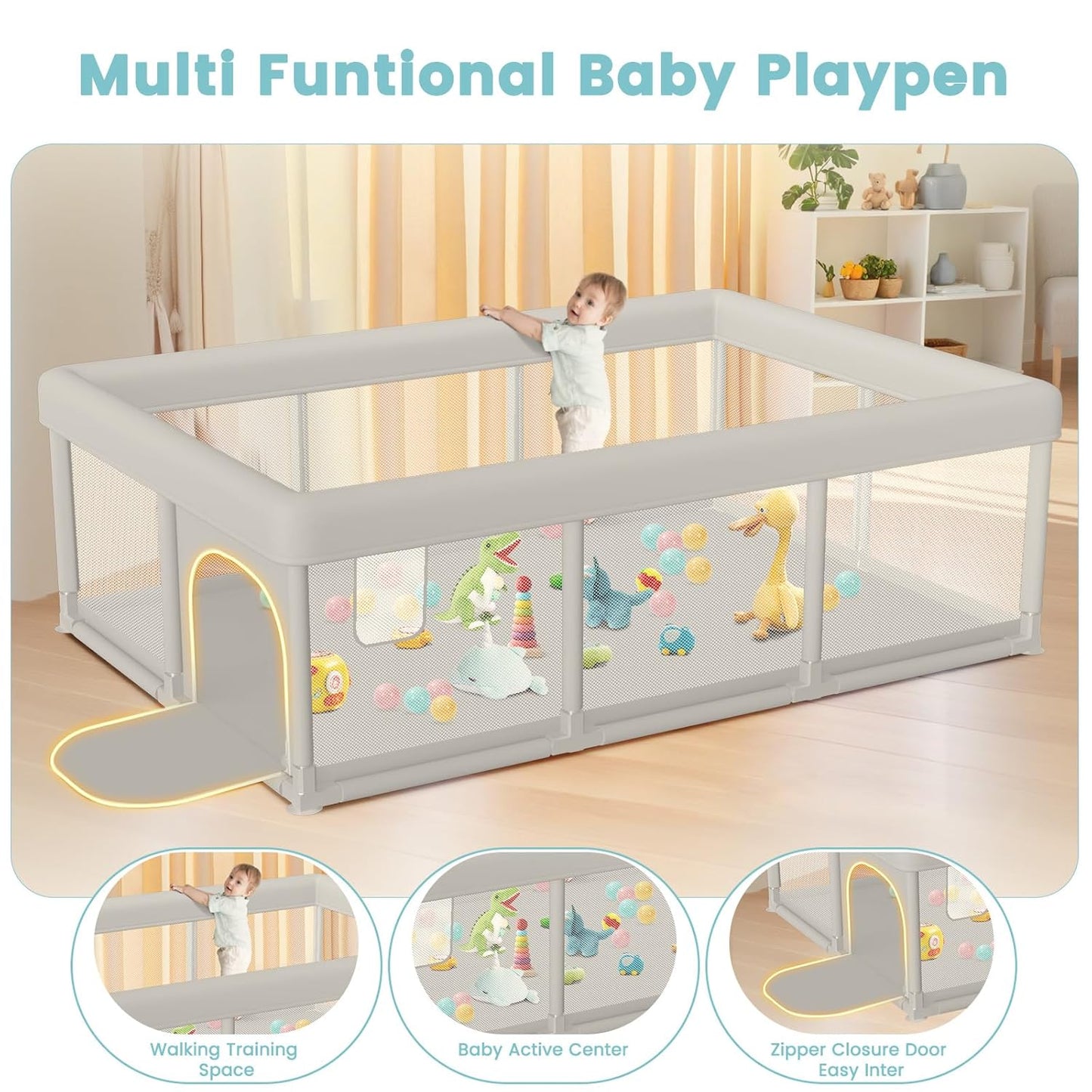 besuhot Baby Playpen Extra Large Play Yard 74" x 50" Playpen for Babies and Toddlers with Anti-Slip Suckers and Zipper Gate, Safety Baby Activity Center for Indoor & Outdoor