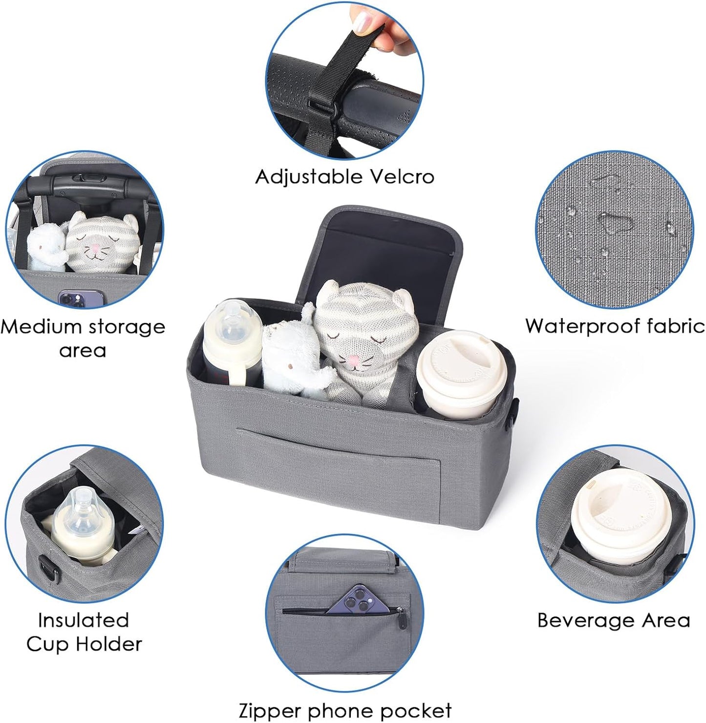 Beberoad Love Stroller Organizer with Cup Holder, Stroller Hanging Bag with Shoulder Strap, Waterproof & Durable Stroller Caddy for Baby Wipes, Bottles, Essentials, Fits Most Strollers (Grey)
