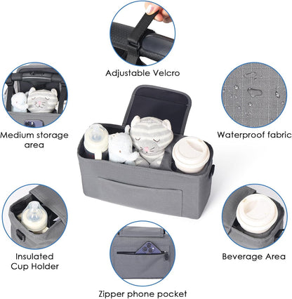 Beberoad Love Stroller Organizer with Cup Holder, Stroller Hanging Bag with Shoulder Strap, Waterproof & Durable Stroller Caddy for Baby Wipes, Bottles, Essentials, Fits Most Strollers (Grey)