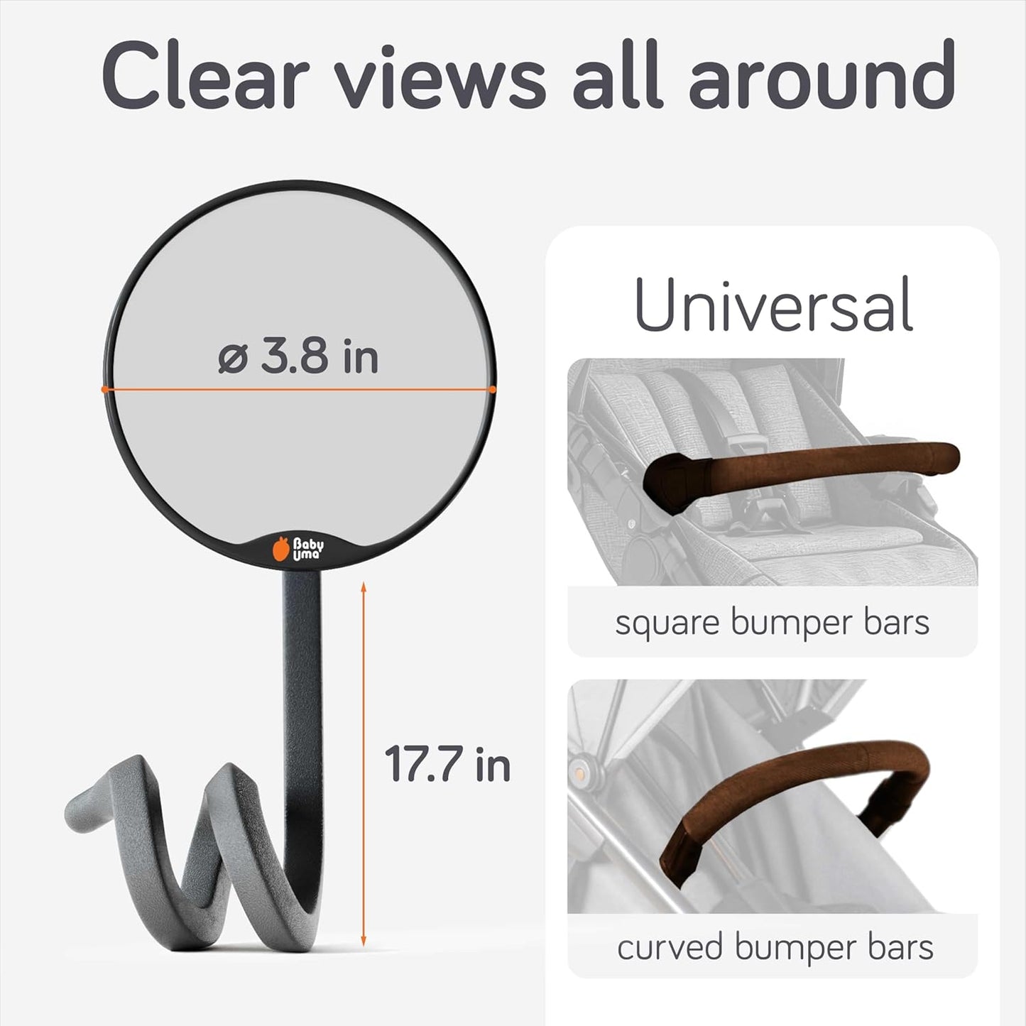 Baby Uma Stroller Mirror for Baby - 100% Shatterproof Clamp On Mirror, Universal with Tight-Grip Silicone Leg, Easy On 'n Off, Stroller Accessories (⌀ 3.8 in)